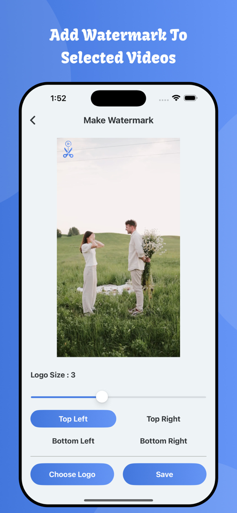 A mobile screen showing the custom watermark tool for adding logos to videos.