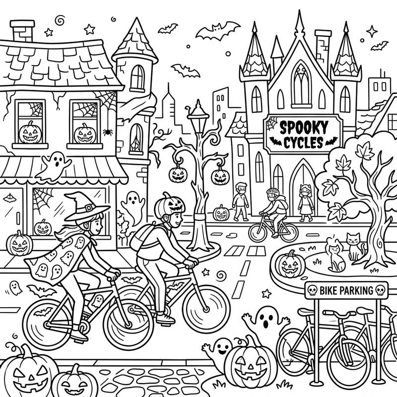 Embark on a thrilling Halloween ride through the city with this engaging coloring page! It features urban cyclists navigating streets playfully adorned with spooky pumpkins, friendly ghosts, and festive decorations, perfect for a fun and creative escape.