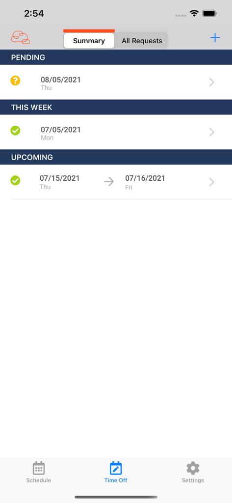 Interface mostrando solicitações de folga pendentes e futuras no aplicativo móvel Genesys Tempo.