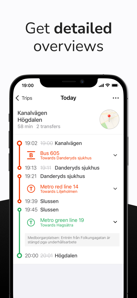 Detailed public transport route overview showing bus and metro connections in Stockholm