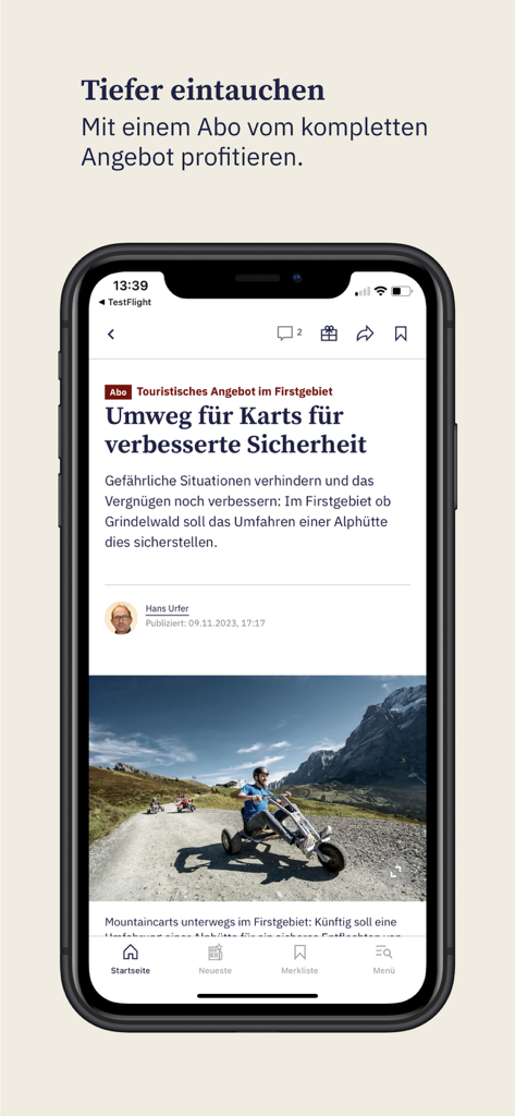 BZ Berner Oberländer - Mobile app screenshot of the BZ Berner Oberlander news reader showing a local article about mountain cart safety in Grindelwald