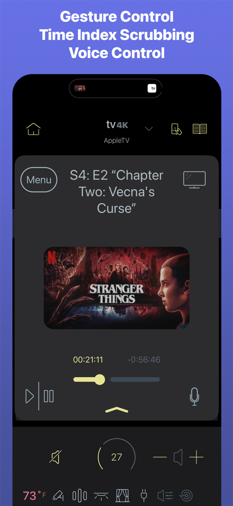 Roomie Remote app screen showing Apple TV playback controls for Stranger Things with voice and gesture options