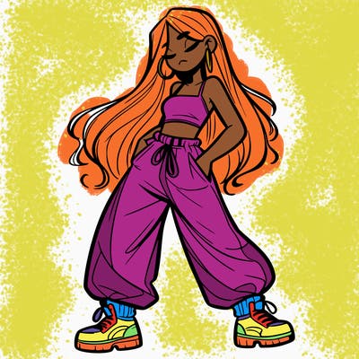 girl in baggy pants crop top and long hair