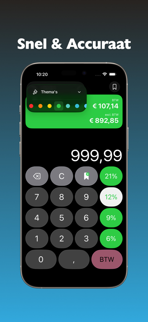 Interface of the BTW Calculator Pro app on iPhone showing VAT calculation and theme options