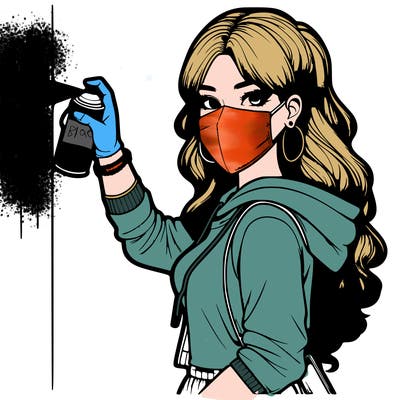 realistic girl with mask spray painting a wall