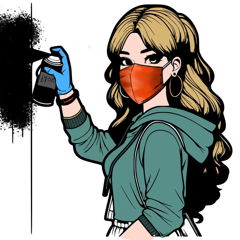 realistic girl with mask spray painting a wall