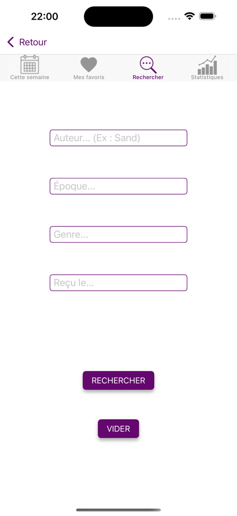 Un Texte Un Jour - Interfaz de búsqueda de la aplicación Un Texte Un Jour con filtros literarios por autor, época y género.