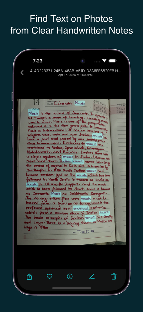 Photos Search by Fluntro - Una captura de pantalla de la aplicación Photos Search resaltando la palabra "música" dentro de una foto de una página de cuaderno escrita a mano