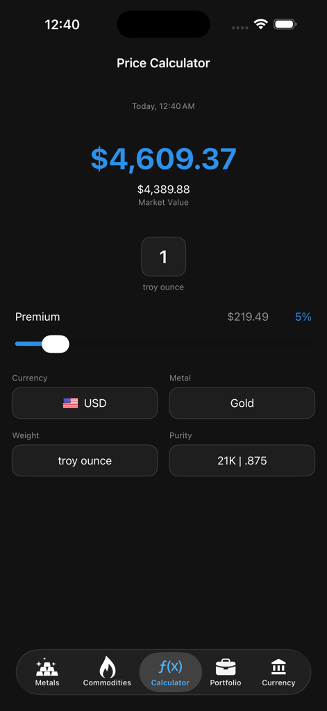 Gold & Silver Price Live - Pantalla de aplicación móvil que muestra una calculadora de precio del oro con ajustes de prima y pureza para una onza troy en USD.
