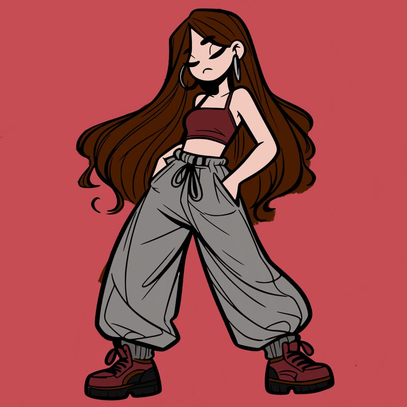 girl in baggy pants crop top and long hair