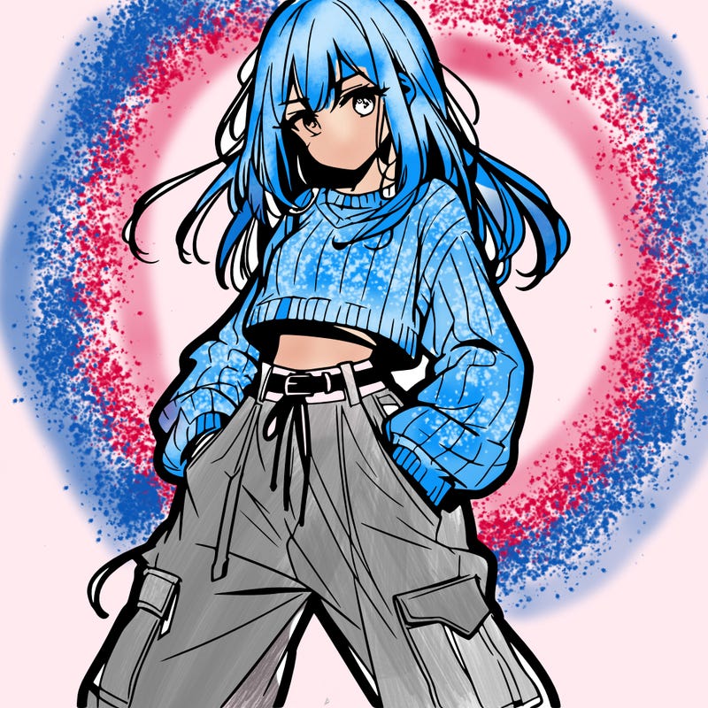 anime teen girl with baggy pants and crop top with sweater