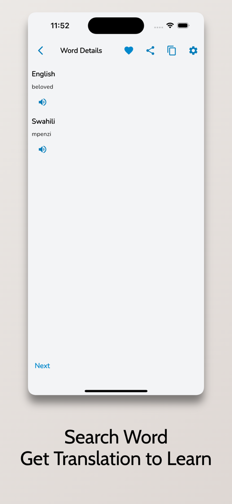 Swahili English Dictionary! - Swahili English Dictionary app interface showing the translation of the English word beloved to the Swahili word mpenzi with audio buttons.