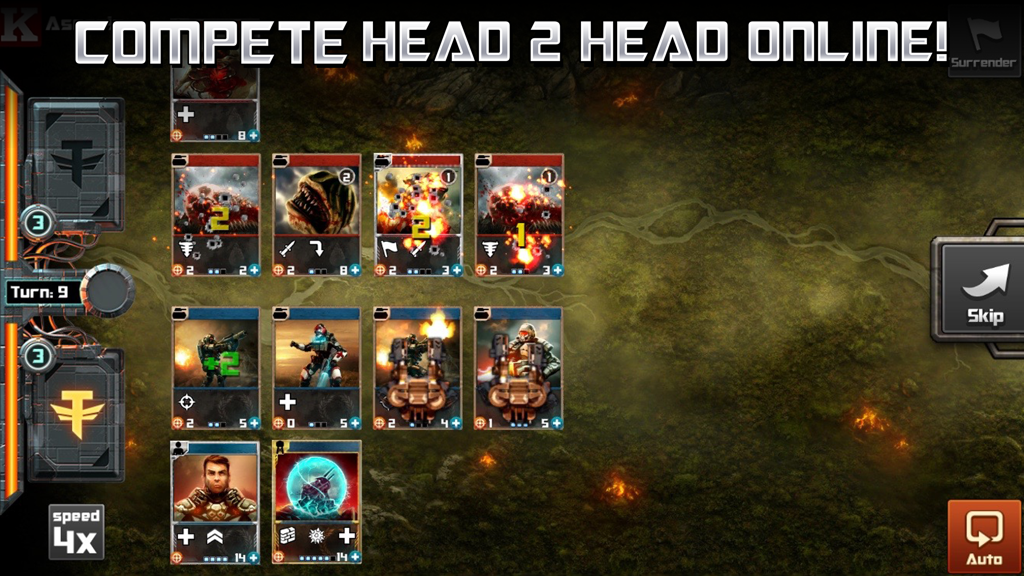 Gameplay screenshot showing a head to head online card battle in Tyrant Unleashed