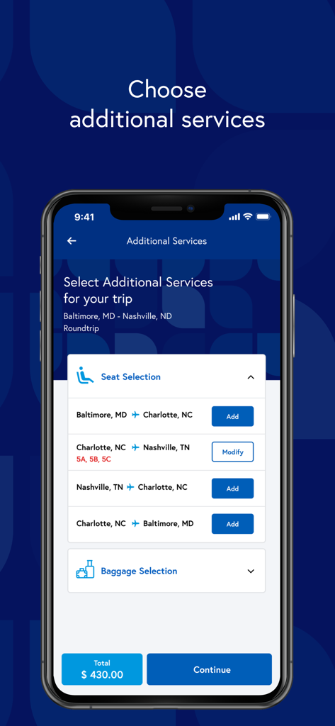 Contour Airlines - Contour Airlines app interface for choosing additional services like seat selection and baggage.