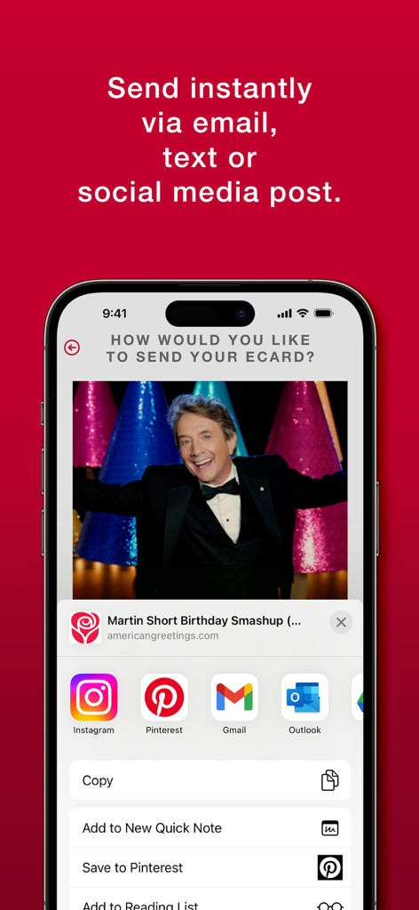 Interface do aplicativo American Greetings mostrando opções para compartilhar um cartão de aniversário SmashUp de Martin Short via Instagram, Pinterest, Gmail e Outlook.