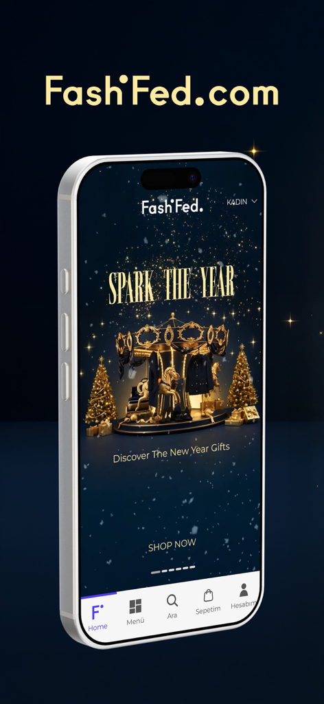 FashFed – Online Alışveriş - FashFed mobile App Startbildschirm mit einer Spark the Year Weihnachtsgeschenk-Kampagne mit einem goldenen Karussell und Weihnachtsbäumen