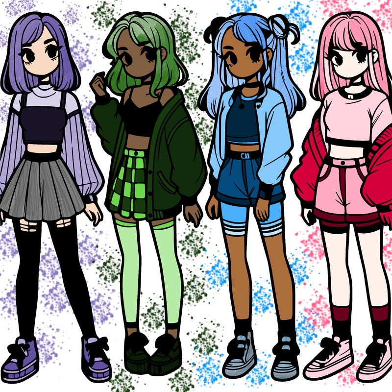 one girl with crop-top shirt and a jacket with a skirt, long socks and another girl with a shirt and pants with a jacket