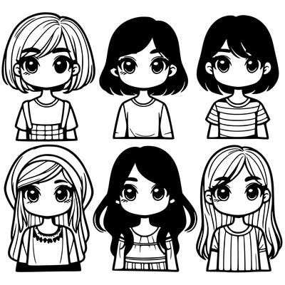6 girls standing together two of them with short straight hair another with short wavy hair two of them with long straight hair