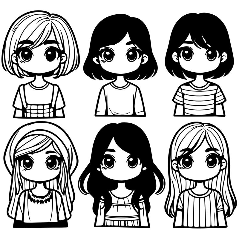 6 girls standing together two of them with short straight hair another with short wavy hair two of them with long straight hair