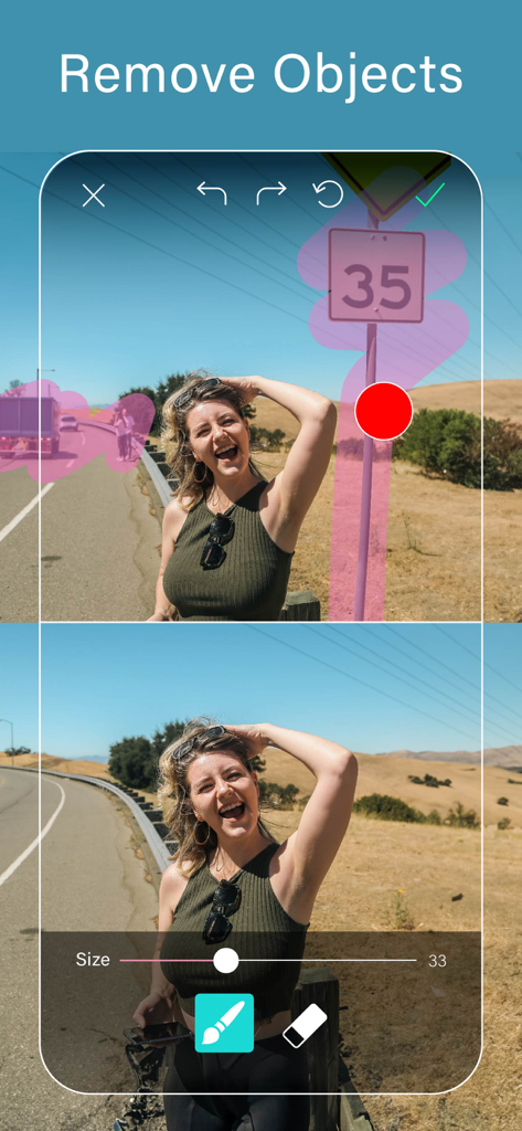 A before and after comparison showing the AI object removal tool deleting a road sign and vehicle from a photo