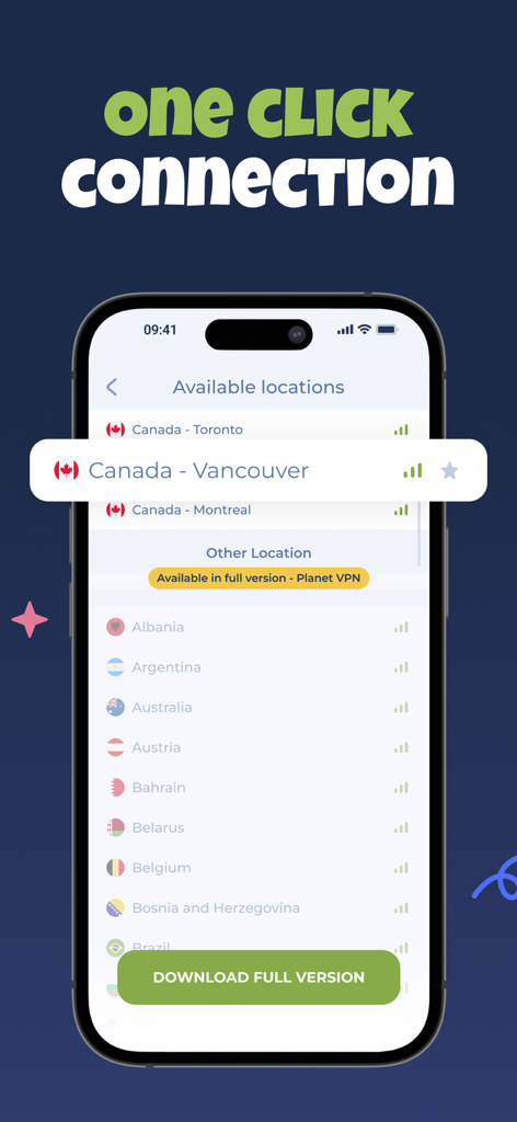 VPN Canada - Fast & Private - Interfaccia dell'app VPN Canada che mostra un elenco di posizioni server disponibili a Toronto, Vancouver e Montreal