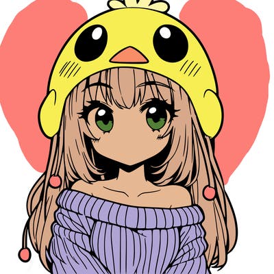 anime girl with chick shaped hat with sweater with bare shoulders with bangs covering them one eye with low tail