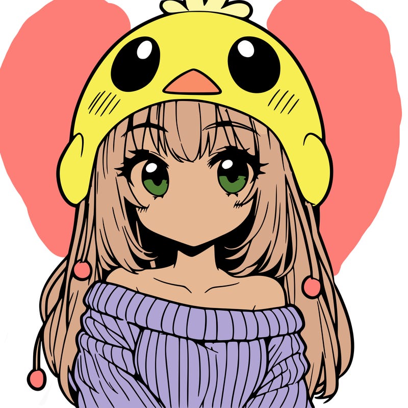 anime girl with chick shaped hat with sweater with bare shoulders with bangs covering them one eye with low tail