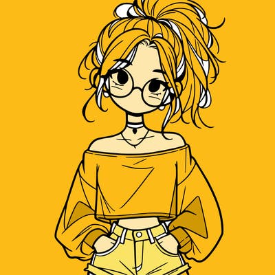 girl with a messy ponytail glasses a baggy crop top and jean shorts