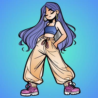 girl in baggy pants crop top and long hair