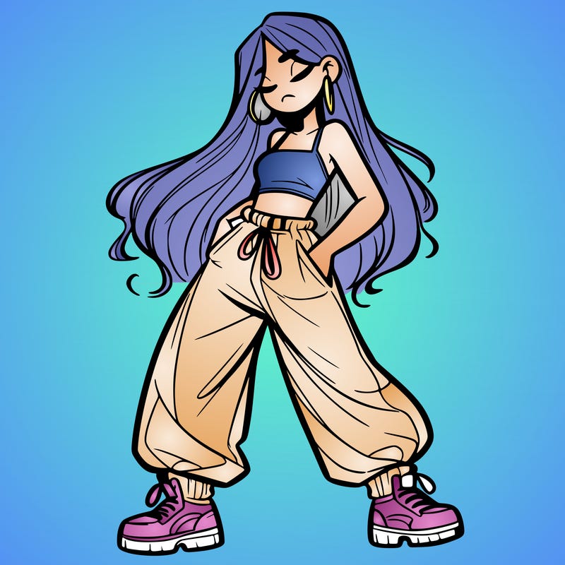girl in baggy pants crop top and long hair