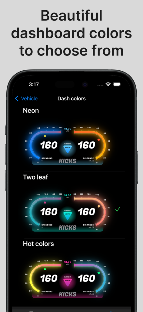 Fuel Tracker - Gas & Mileage - Pantalla de la aplicación Fuel Tracker que muestra varios temas de colores del panel para datos del vehículo