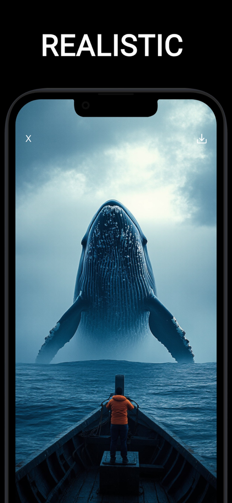 King AI: AI Video Creator - A realistic AI-generated video preview of a giant whale surfacing in front of a person on a boat.