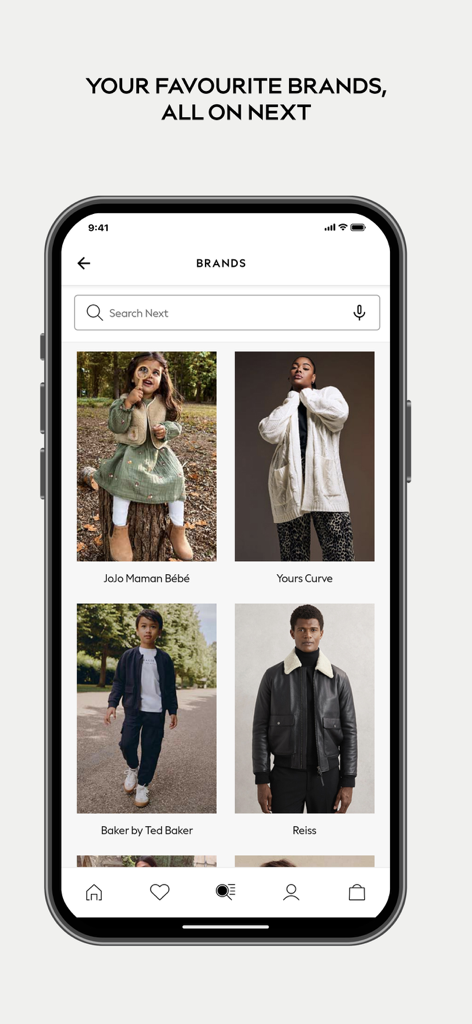 온 가족을 위한 의류 브랜드 선택을 보여주는 Next 앱의 모바일 화면