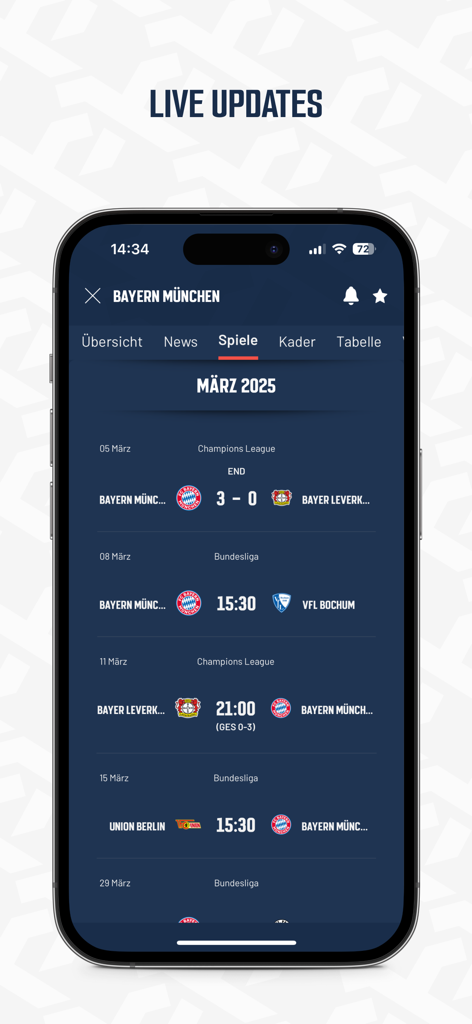 The SPOX app displaying a list of live scores and upcoming match fixtures for the football team Bayern Munich.