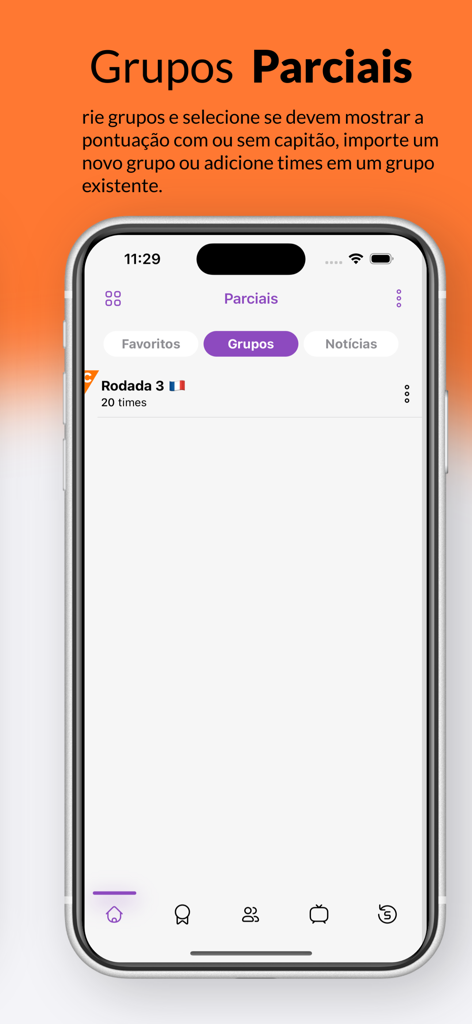 Parciais FC Cartolando - Interface of Parciais FC Cartolando app showing the Grupos Parciais screen for tracking fantasy soccer scores.