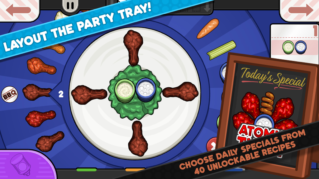 Papa's Wingeria To Go! - Un jugador organiza alitas de pollo y salsas en una bandeja circular para fiestas en Papa's Wingeria To Go