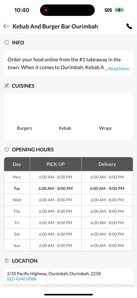 Kebab And Burger Bar Ourimbah - Information screen of the Kebab and Burger Bar Ourimbah app showing opening hours and location