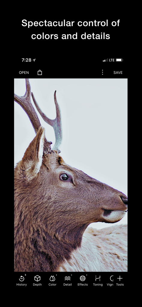 Polarr Pro Photo Editor interface showing advanced color and detail editing tools on a deer photograph