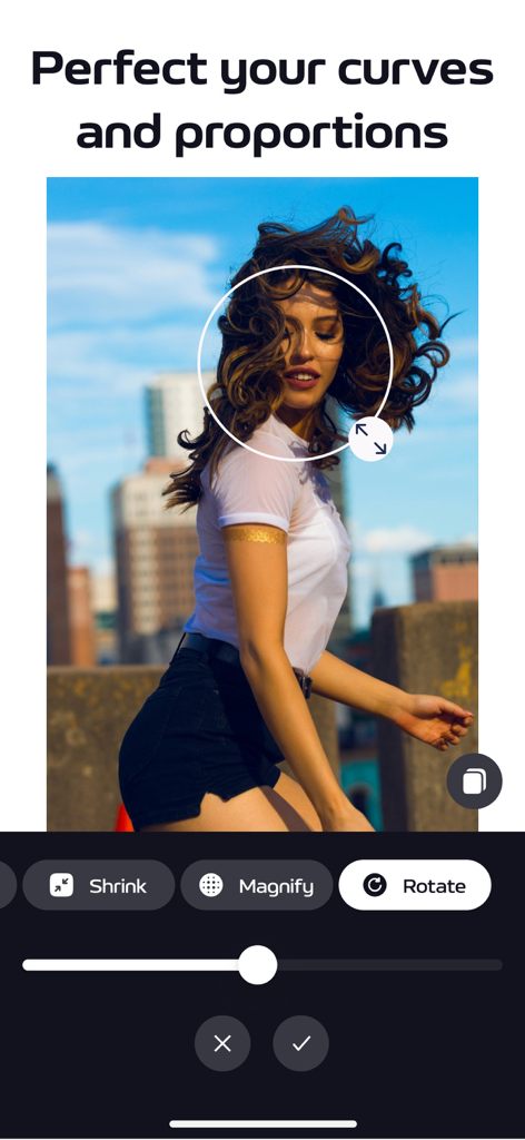 Body Editor: Retouch & Slim - Mobile screen of Body Editor app showing the tool for perfecting curves and proportions in photos
