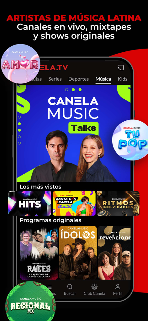 Canela TV App-Oberfläche mit lateinamerikanischen Musikvideos und Originalsendungen.
