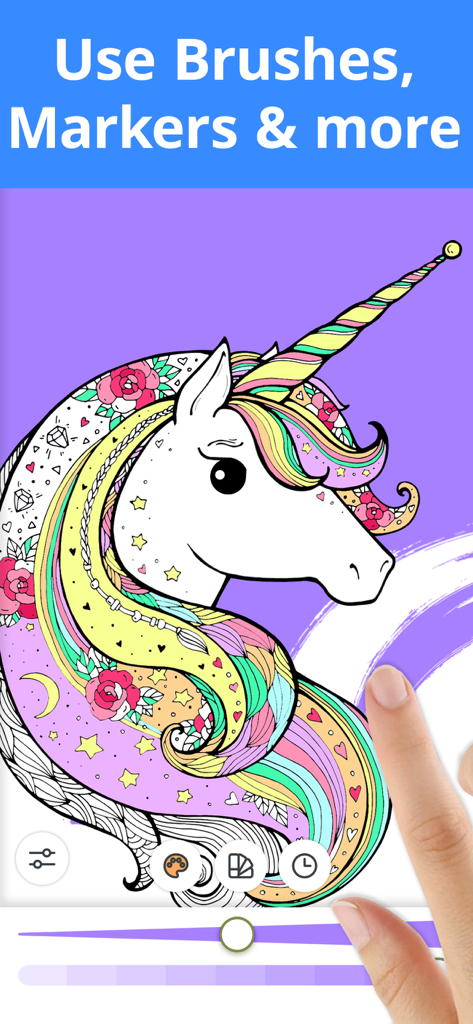 Coloring Book Now - A user coloring a magical unicorn using digital brushes and markers in the Coloring Book Now app