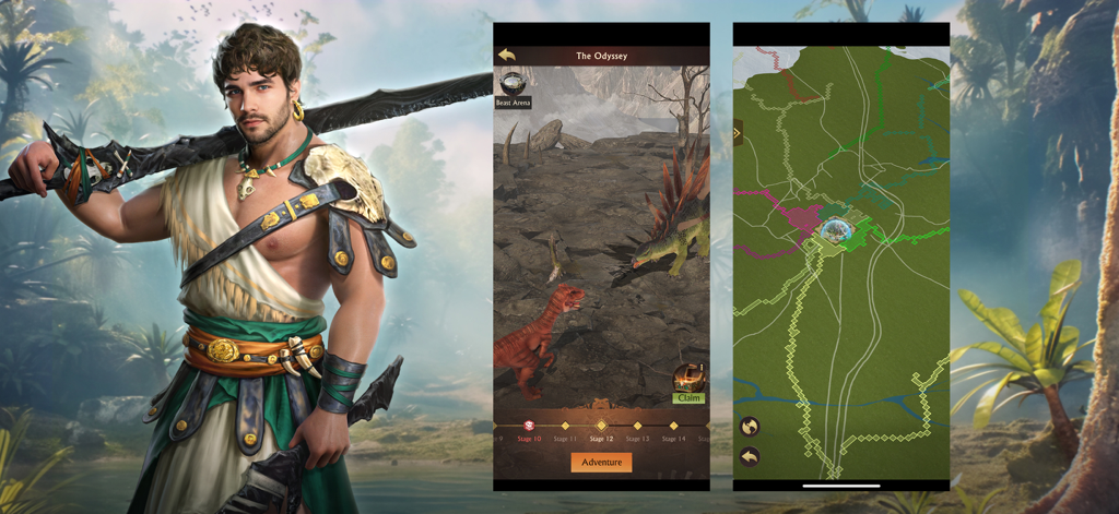 Capturas de pantalla del juego Savage Survival Jurassic Isle con una arena de combate de dinosaurios y guerreros prehistóricos y un mapa del mundo estratégico