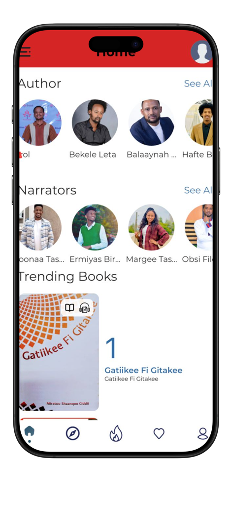Oromo Book - Oromo Book app interface featuring Oromo authors and audiobooks
