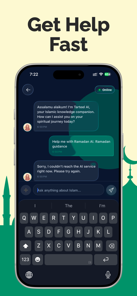 A smartphone displaying the Deen AI chat interface where a user asks Tarteel AI for Ramadan guidance.