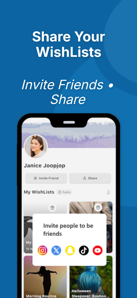 Interfaz de la app WishList que muestra botones para invitar amigos y compartir listas de deseos a través de iconos de redes sociales como Instagram y TikTok