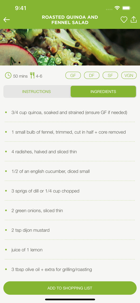 Garden Plate Pro - Capture d'écran de la recette de Garden Plate Pro affichant les ingrédients d'une salade de quinoa et de fenouil rôtis
