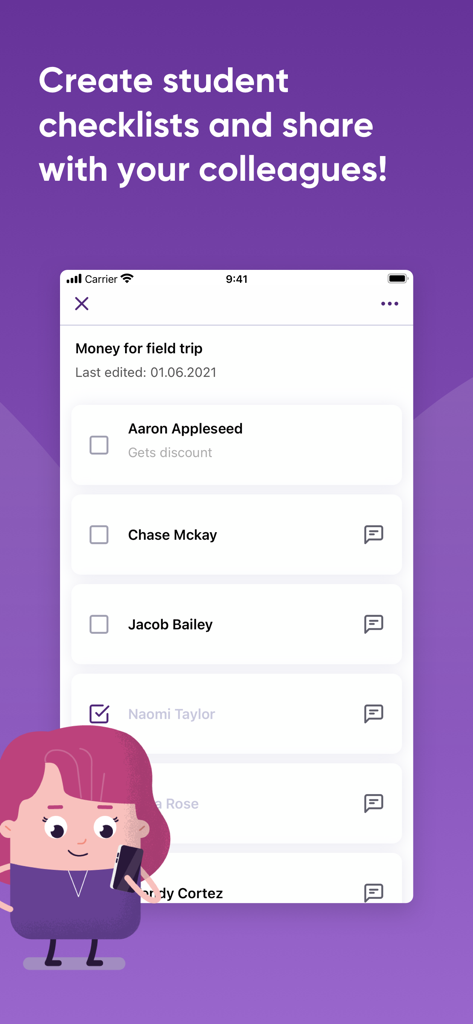 SchoolFox - Schulkommunikation - SchoolFox app interface displaying a student checklist for tracking school activities and payments.