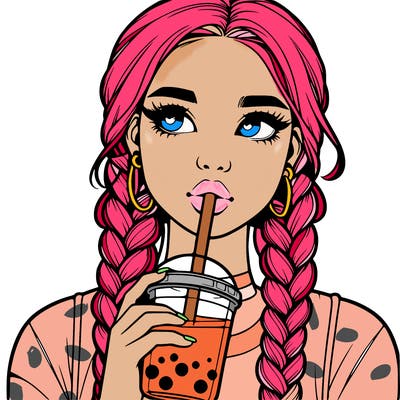realistic girl with braided hair drinking boba
