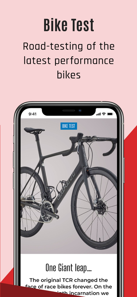 A bike test review of a Giant TCR performance road bike inside the Cycling Plus Magazine app