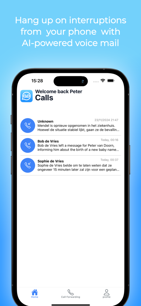 Voice Mate - AI Voicemail - Voice Mate app displaying a list of AI-generated voicemail summaries on an iPhone.